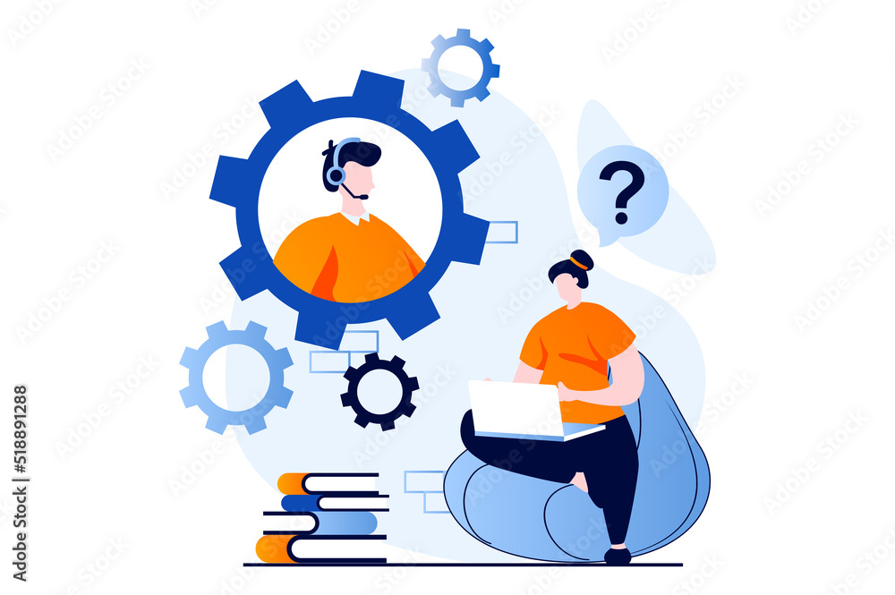 Aufkleber Technical support concept with people scene in flat cartoon design. Woman chatting to operator with question. Man in headset solving tech problems of clients. Vector illustration visual story for web