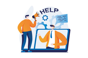 Technical support concept with people scene in flat cartoon design. Man with megaphone chatting to consultant for solving problems and online consultation. Vector illustration visual story for web