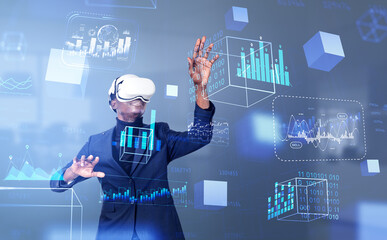 African businessman in vr glasses, data blocks floating in cyberspace