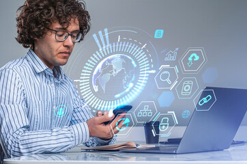 Businessman with smartphone, earth globe and digital icons, online connection