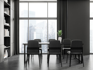 Eating room interior with chairs and shelf with decoration, panoramic window