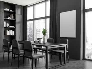 Grey eating room interior with table and chairs, panoramic window. Mockup frame