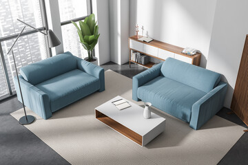 Top view of modern relax room interior with couch and decoration, window