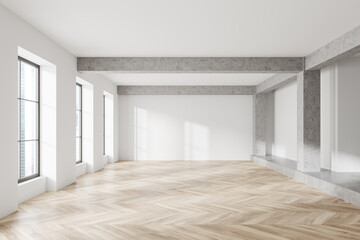Light empty hall in modern apartment, panoramic window on city view