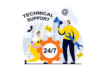 Technical support concept with people scene in flat cartoon design. Tech team answers calls, makes repairs and solves customer problems around the clock. Vector illustration visual story for web