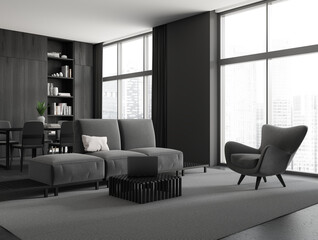 Grey living room interior with relax and dining area, panoramic window