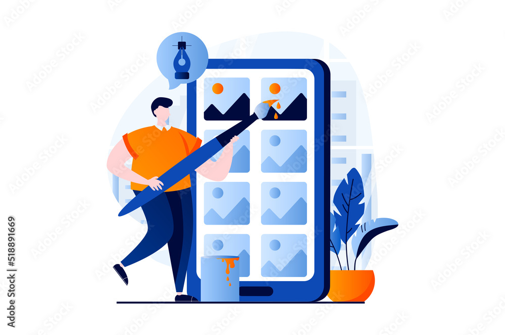 Leinwandbilder Ui ux design concept with people scene in flat cartoon design. Man illustrator creates elements for user interface, drawing and working with apps layout. Vector illustration visual story for web