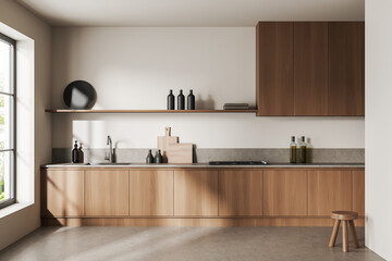 Fototapeta na wymiar Light kitchen interior with shelves and appliances, kitchenware and window