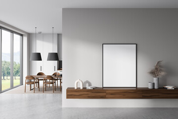 Front view on bright kitchen room interior with empty poster