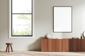 Fototapeta na wymiar Light relax room interior with wooden shelf, window and mockup frame