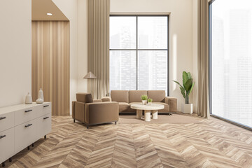 Light relax room interior with couch and drawer, panoramic window