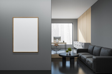 Grey office interior with relax area and work table, panoramic window. Mockup frame