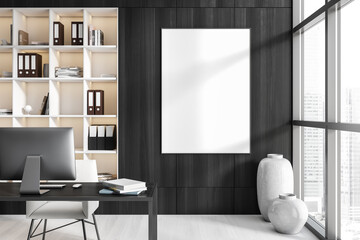 Dark office room interior with desk and shelf, panoramic window. Mockup frame