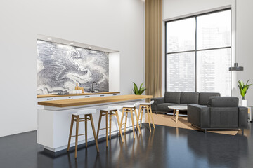 Light studio interior with relax and cooking area, panoramic window