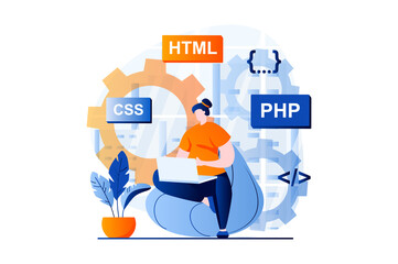 Web development concept with people scene in flat cartoon design. Woman programming at different languages, testing and optimizing code, creates layouts. Vector illustration visual story for web