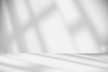 Grey shadow studio showcase for product presentation. Shadow sunshine and sunbeam reflection on gray wall and floor in empty luxury studio room for products  display