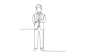 Continuous one line drawing young business man looking at wrist watch. Late concept. Single line draw design vector graphic illustration.