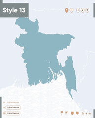 Bangladesh - map with water, national borders and neighboring countries. Shape map.