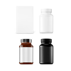 White, black and amber bottles mockup isolated on white background. Can be used for medical, cosmetic, food. Vector illustration. EPS10.	