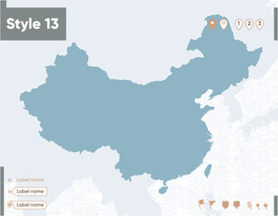 China - map with water, national borders and neighboring countries. Shape map.