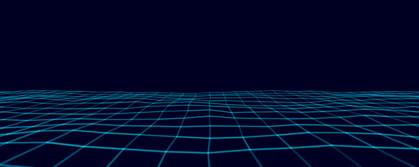 Abstract blue perspective grid. Digital background in retro style. Cyber landscape on black background. Vector illustration.