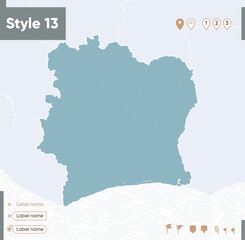 Cote D'ivoire - map with water, national borders and neighboring countries. Shape map.