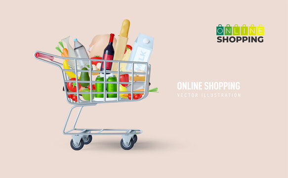 Supermarket Full Shopping Trolley Cart With Fresh Grocery Products And Red Handle Realistic 3D Vector Illustration. Self-service.Online Shopping Banner With Shopping Cart, Clouds And Social Icons.