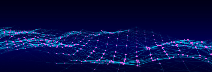Futuristic moving wave. Digital background with moving glowing particles and lines. Big data visualization. Vector illustration.