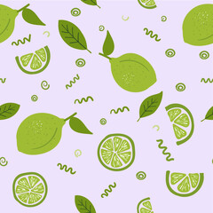 Seamless pattern of Limes with green leaves. Slice citrus. Tropical fruits. Vegetarian food. Fruit pattern for textiles, fabrics, and wall-coverings. Tropical fruits. vegetarian food.