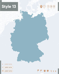 Germany - map with water, national borders and neighboring countries. Shape map.