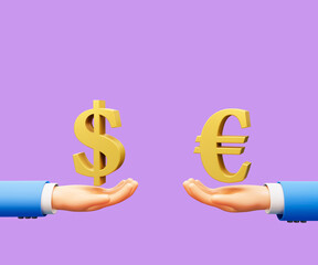 3d cartoon hand Currency exchange Euro and Dollar 3d illustration