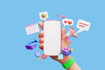 3D Online Social media communication, shoping, vr, calendar platform concept. Hand holding phone with emoji, comment, love, like and play icons. 3d illustration