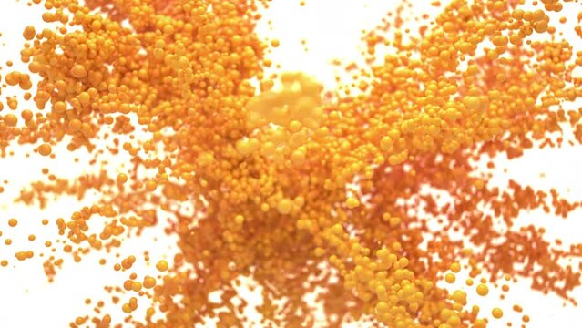 Bubble Burst - Orange yellow colored foaming balls balloons explosion. color foam spheres in slow motion macro isolated on white. Alpha channel 60 fps 4k