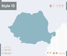 Romania - map with water, national borders and neighboring countries. Shape map.