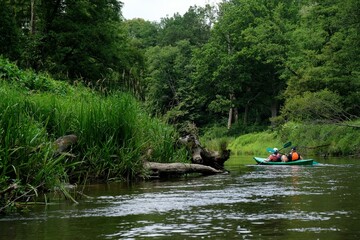 People in kayaks on water during kayaking in nature reserve 