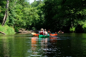 Fototapeta na wymiar People in kayaks on water during kayaking in nature reserve 