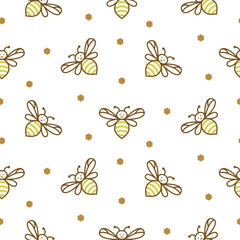 Cute bees white background. Seamless pattern with honey bees for fabric, wrap paper or kids apparel