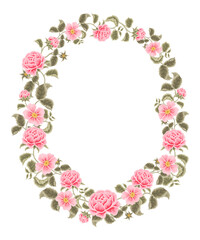 Pink floral wreath illustration with roses, peony, green leaf branches for wedding stationary, greeting card decoration, feminine posters, beauty elements isolated on white background
