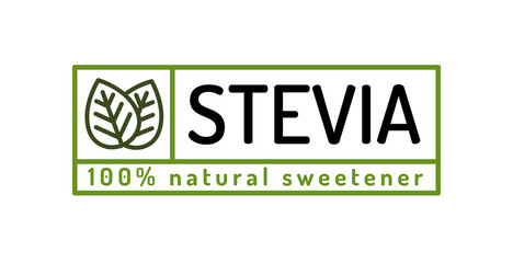 Stevia leaves badge 100% natural sweetener substitute line style. Organic stevia symbol isolated on white background. Eco icon for label, poster, symbol, packaging design. Vector 10 eps