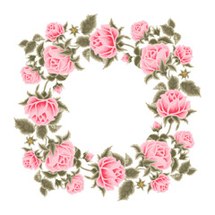 Pink floral wreath illustration with roses, peony, green leaf branches for wedding stationary, greeting card decoration, feminine posters, beauty elements isolated on white background
