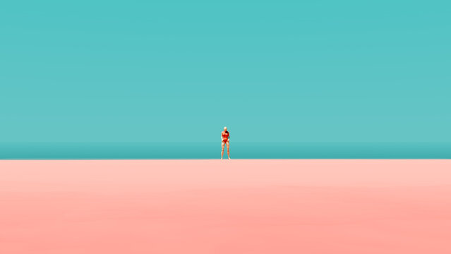 Sunny Beach Pastel Pink Sand Turquoise Blue Ocean and Sky with Woman in Pink Swimsuit in the Distance Serene Tranquillity 3d illustration render