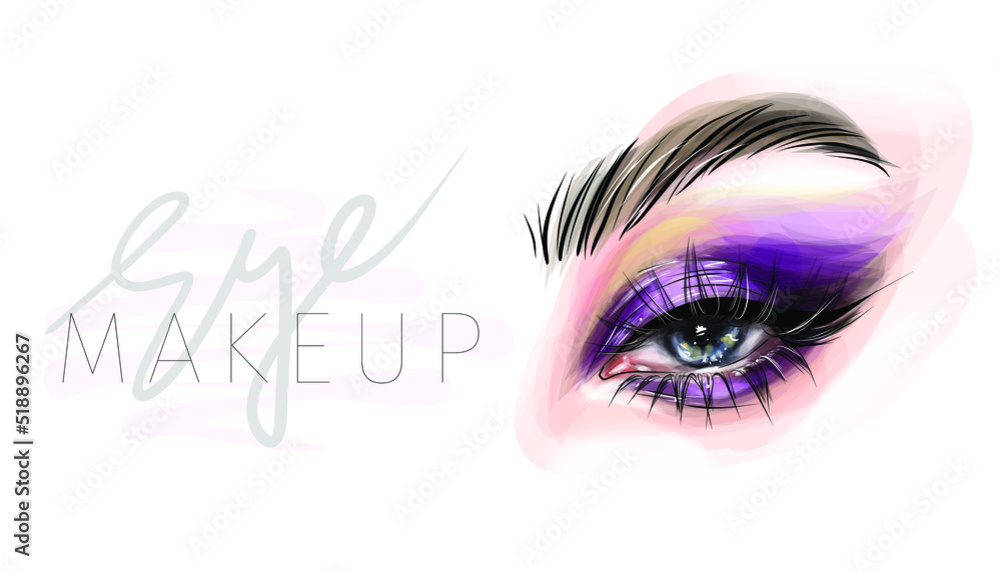 Wall mural Beautiful woman face makeup vector fashion illustration. Hand drawn line art sketch for cosmetic products sale banner background design, make up artist business card template.