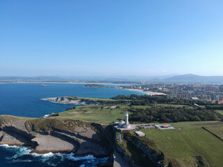Aerial view of Faro Cabo Mayor lighthouse in Santander city, Cantabria region of Spain