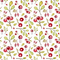 Watercolor seamless pattern with mushrooms and berries 