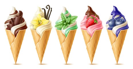 Ice cream toppings. Realistic different types and taste frozen desserts with glazes, strawberries and blueberries, mint and fruits, vanilla and chocolate, summer 3d utter vector isolated set