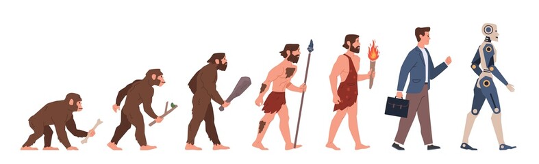 Man evolution. Human ancestor, step by step development, gradual biological genetic changes, from monkey to robot stages, human anthropology concept, nowaday vector cartoon flat set - obrazy, fototapety, plakaty