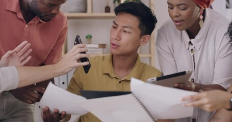 Stressed manager overwhelmed with tasks from team of employees, struggling with poor time management and multitasking. Interns worrying creative business man with paperwork and technology questions