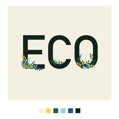 inscription "eco" with leaves, light background, flat illustration, blue green and yellow colors