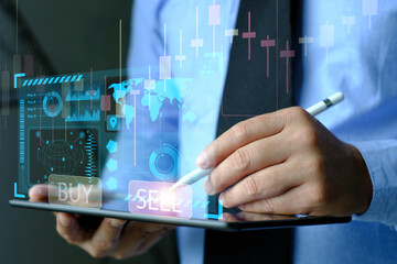 business finance technology and investment concept. Stock Market Investments Funds and Digital Assets. businessman analysing forex trading graph financial data. Business finance background. growth..