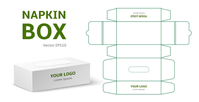 Tissue box mock up. Packaging scan template, realistic napkins container, white cardboard box with paper handkerchiefs. Hygiene accessory package mockup, utter vector concept